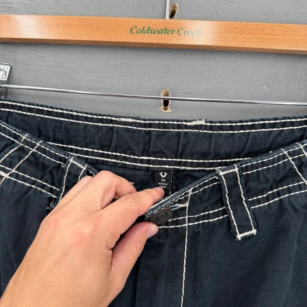 True Religion Cargo Jogger Pants Black Big T Contrast Stitch Size 34